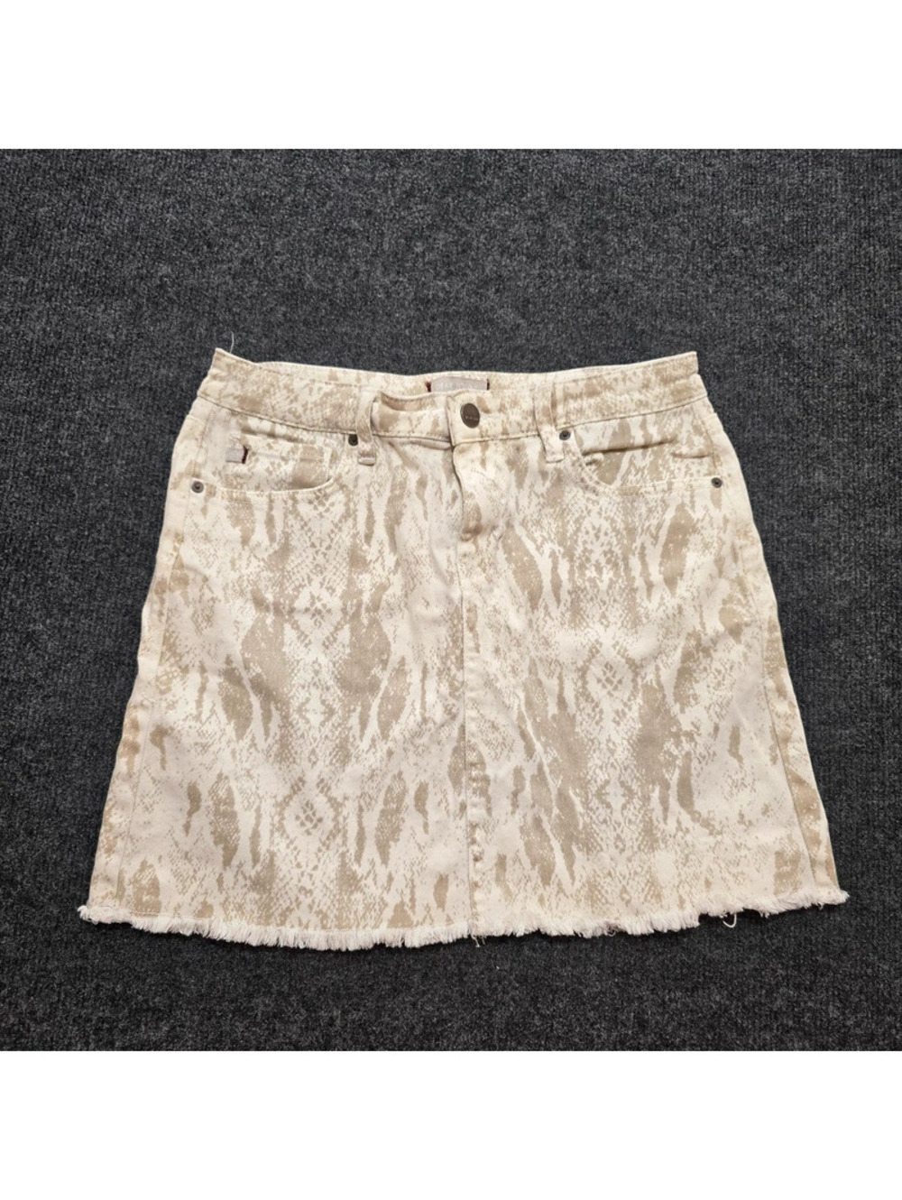 Dear John Women’s Snake Print Denim Mini Skirt Size 27 Beige Python Frayed Hem